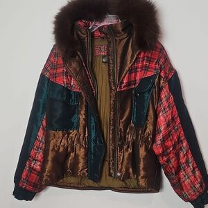 Vintage East West Fox Fur Trim Holiday Plaid Ski Jacket Size L